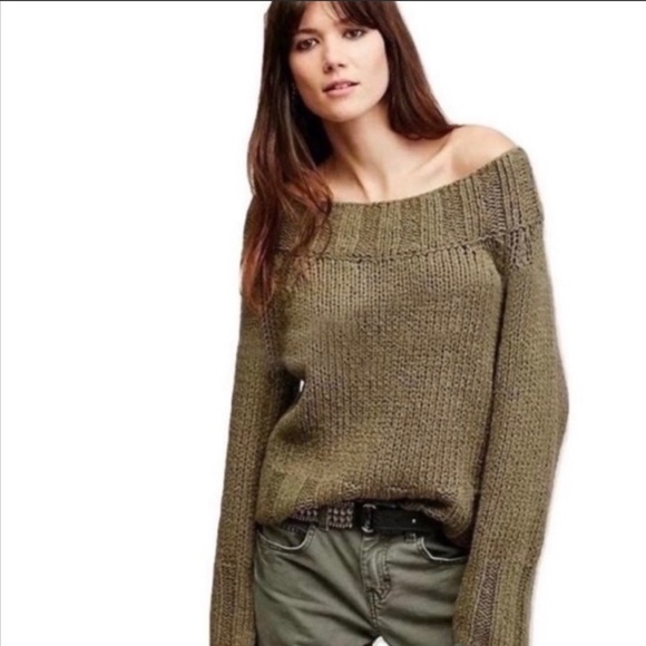Free People Sweaters - Free People Off The Shoulder Beach Slouch Knit Olive Green Sweater Size Small
